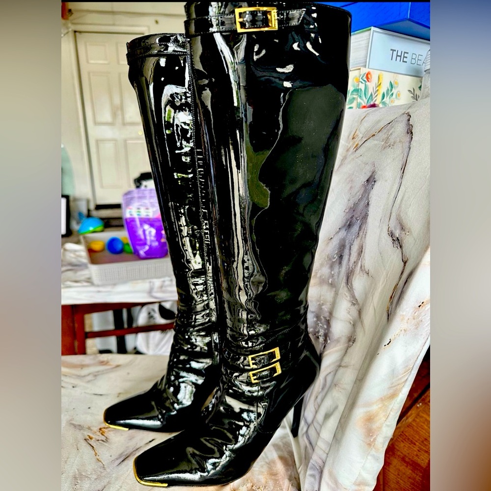 Jimmy Choo Black Patent Leather KneeHigh BootsGold BucklesSize 40 Made in Italy